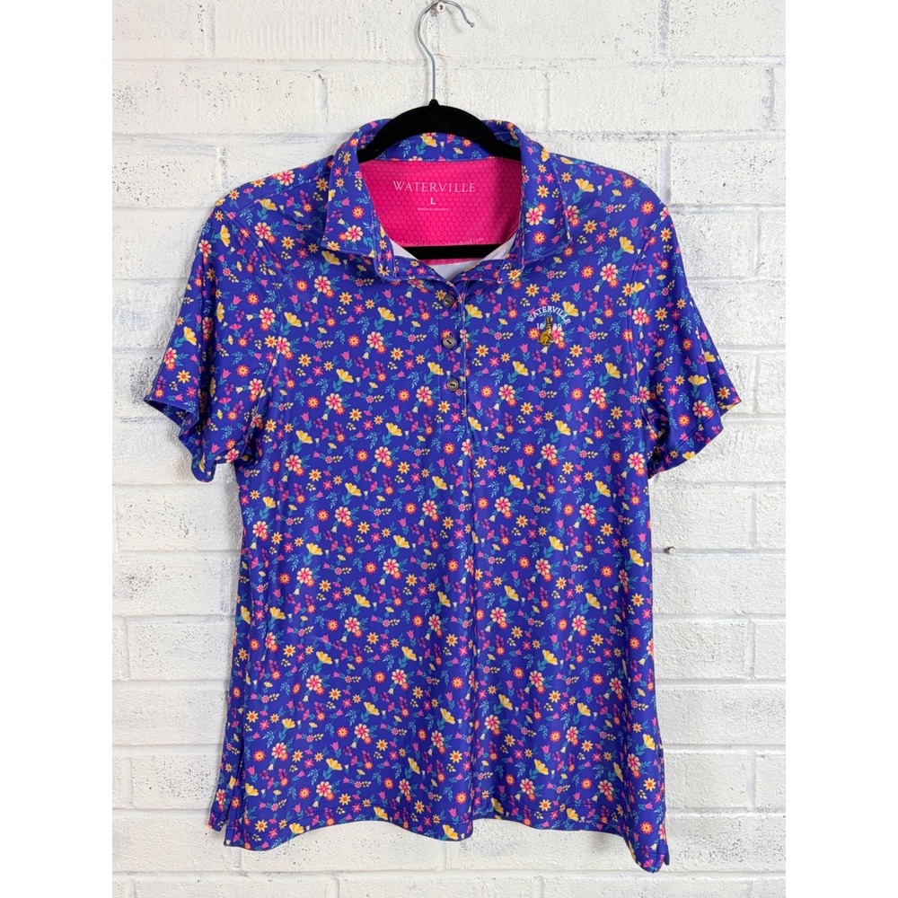 Waterville Floral Golf Polo Shirt Mens L Purple Stretch Embroidered Preppy